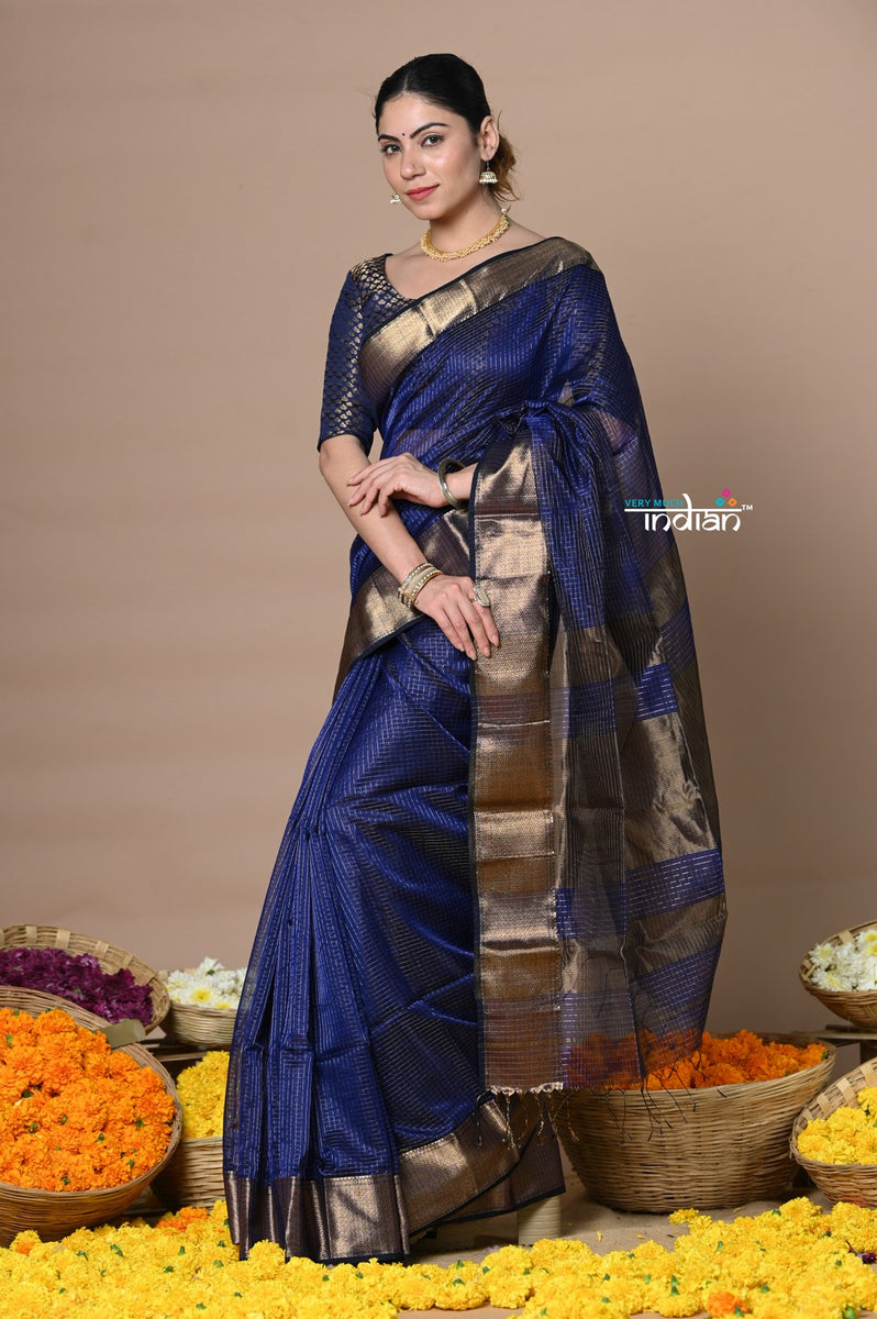 Buy Rajsi Handloom Ari Checks Cotton Silk Saree with Golden Border Dark Blue Very Much Indian verymuchindian