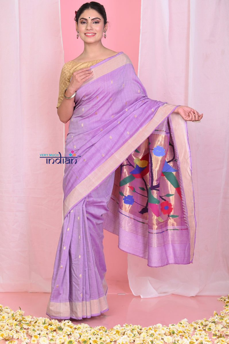 Buy Pehal~ Traditional Lilac Cotton Paithani Saree with Zari Border &  Authentic Parrot Pallu - Very Much Indian