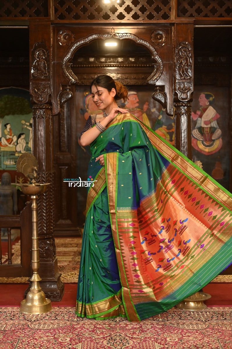 Pure Silk Handloom Yeola Paithani - Traditional Double Pallu - Dark Blue  with Purple border