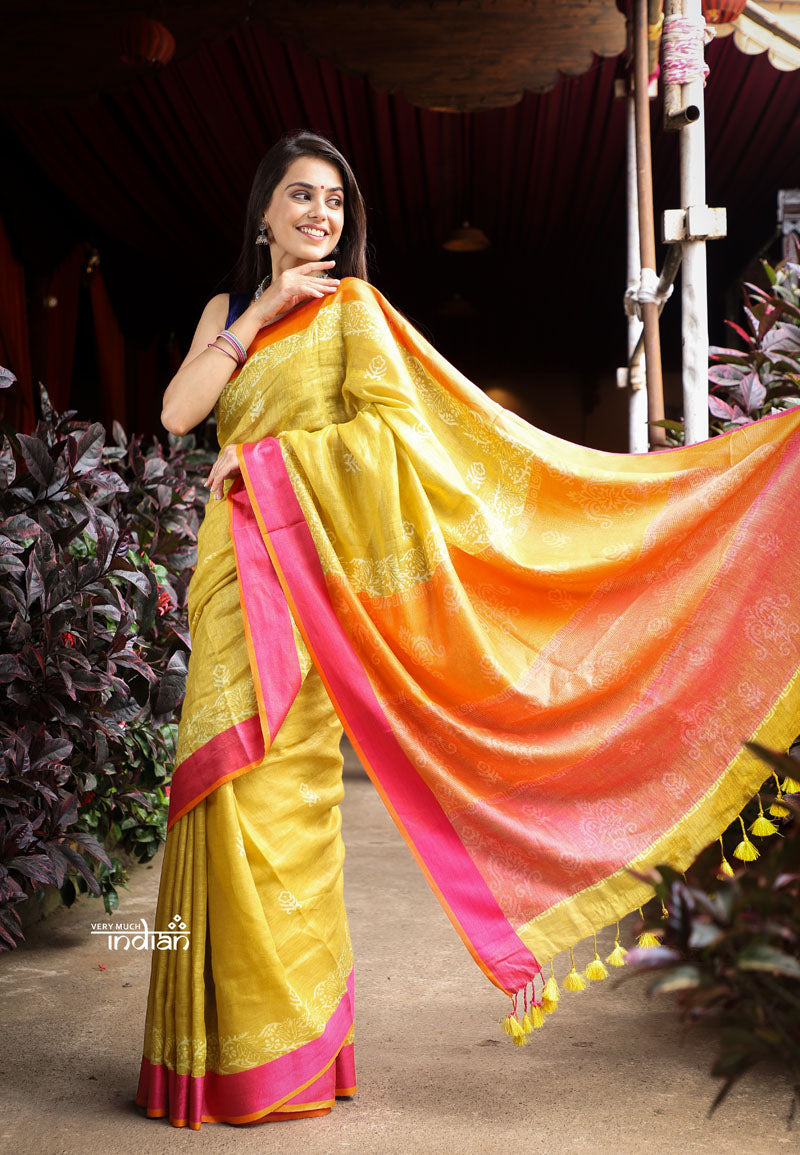 Buy Top Selling ~ Pure Linen with Hand Block Printing - Mustard Yellow with  Dual Color Border Orange and Pink - Very Much Indian –