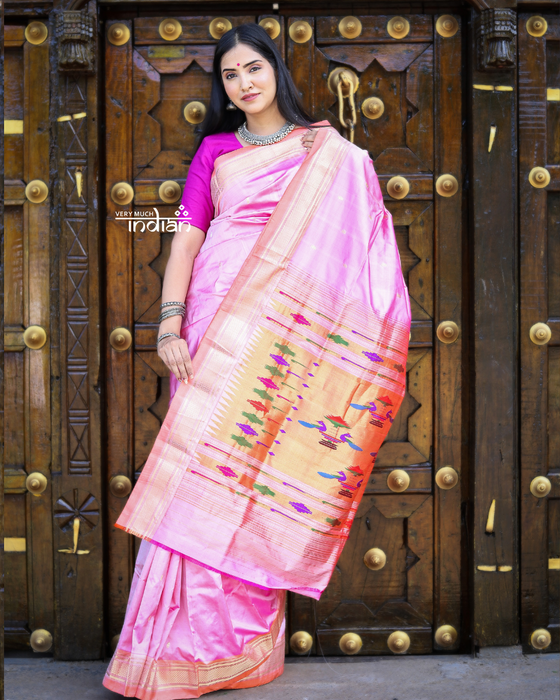 Authentic High Quality Pure Silk Paithani With Most Traditional Double Pallu~Pink (By Govt Certified Weavers)