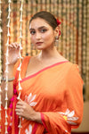 Mastaani ~ Pure Mul Cotton Handloom Saree with Beautiful Floral Handpaint ~ Orange