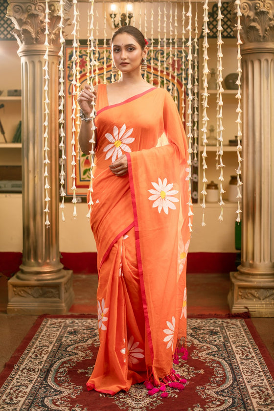 Mastaani ~ Pure Mul Cotton Handloom Saree with Beautiful Floral Handpaint ~ Orange