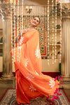 Mastaani ~ Pure Mul Cotton Handloom Saree with Beautiful Floral Handpaint ~ Orange