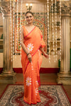 Mastaani ~ Pure Mul Cotton Handloom Saree with Beautiful Floral Handpaint ~ Orange