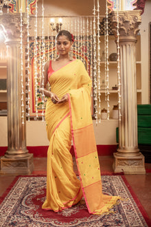  Mastaani ~ Pure Mul Jamdhani Cotton Handloom Saree with Beautiful Heart Weaves ~ Yellow