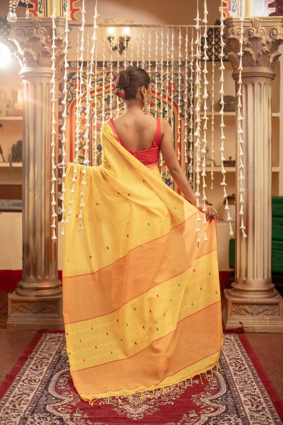 Mastaani ~ Pure Mul Jamdhani Cotton Handloom Saree with Beautiful Heart Weaves ~ Yellow