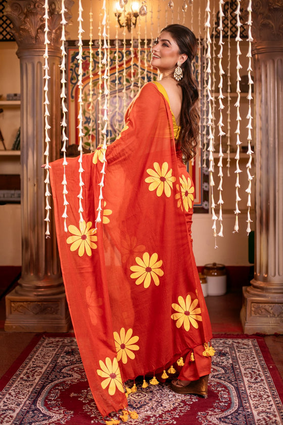 Mastaani ~ Pure Mul Cotton Handloom Saree with Beautiful Floral Handpaint ~ Red