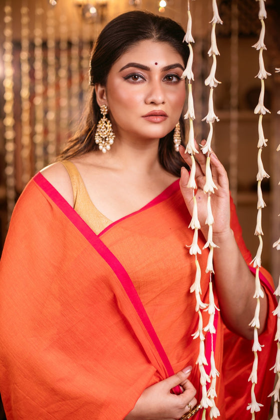 Mastaani ~ Pure Mul Cotton Handloom Saree - Saphire Orange