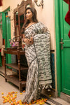 Mastaani ~ Pure Mul Cotton Handloom Saree with Beautiful Leafy Weaves ~ White