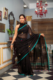  Mastaani ~ Pure Mul Cotton Handloom Saree with Beautiful Floral Weaves ~ Black