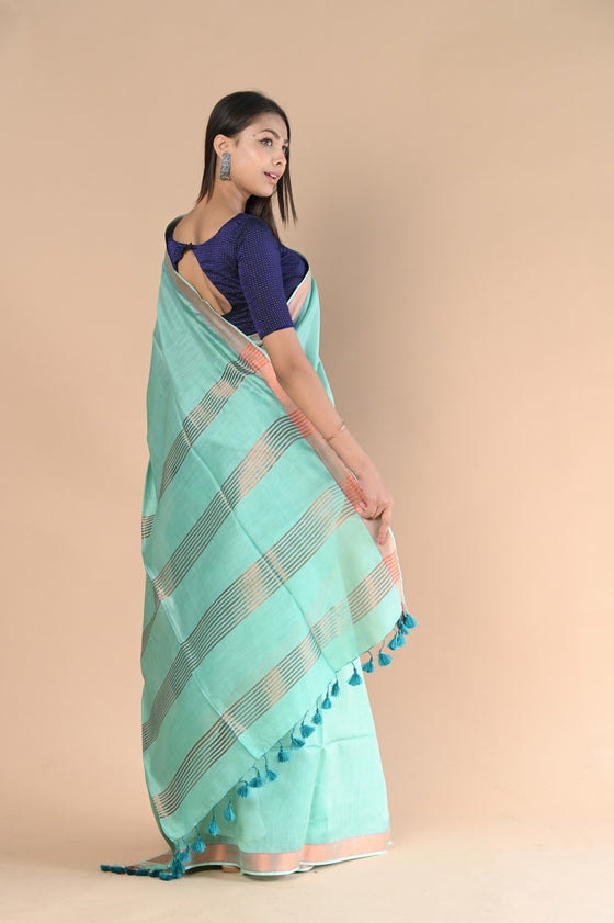 Handloom Cotton Silk Saree With Sleek Golden Border~teal green