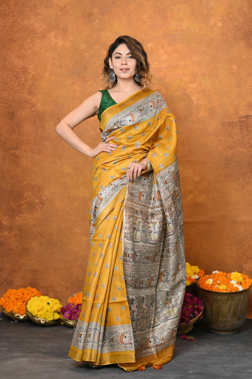 Arctic Blue Madhubani Digital Printed Silk Saree – Ethnos