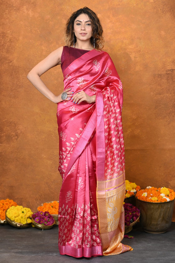 Designed By VMI~ Handloom Pure Organic Banana Silk Saree with Allover Handblock Print ~Pink