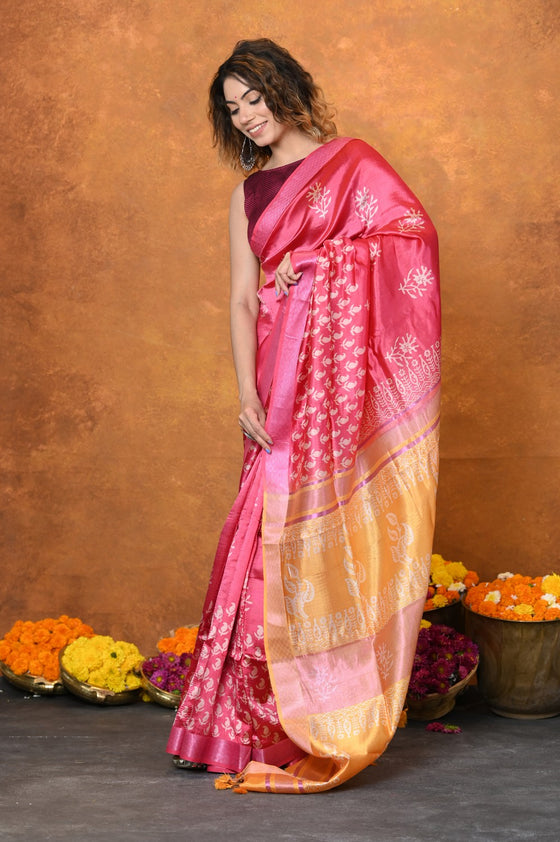 Designed By VMI~ Handloom Pure Organic Banana Silk Saree with Allover Handblock Print ~Pink