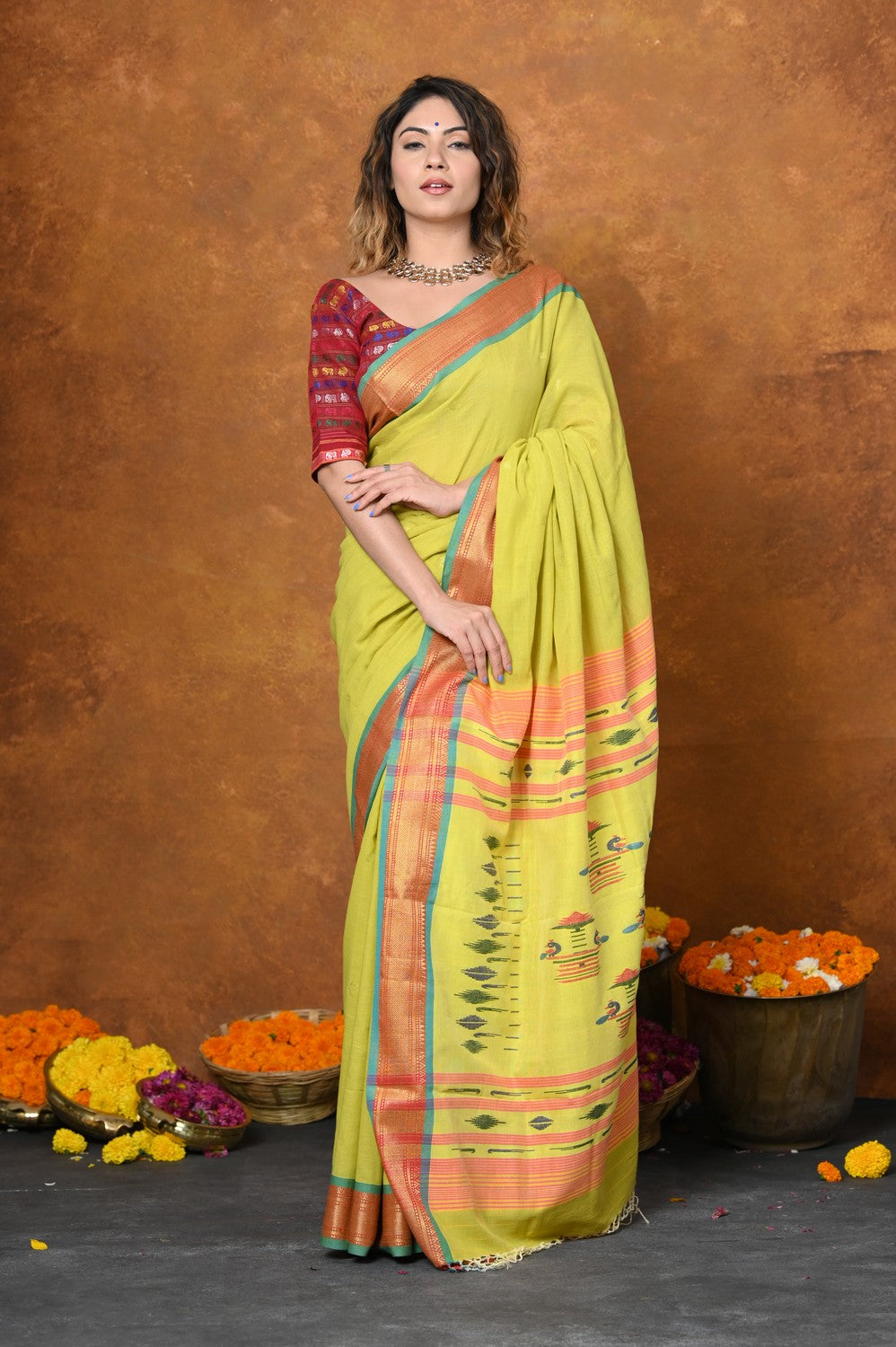 Lemon Yellow Soft cotton Saree - Zameeni