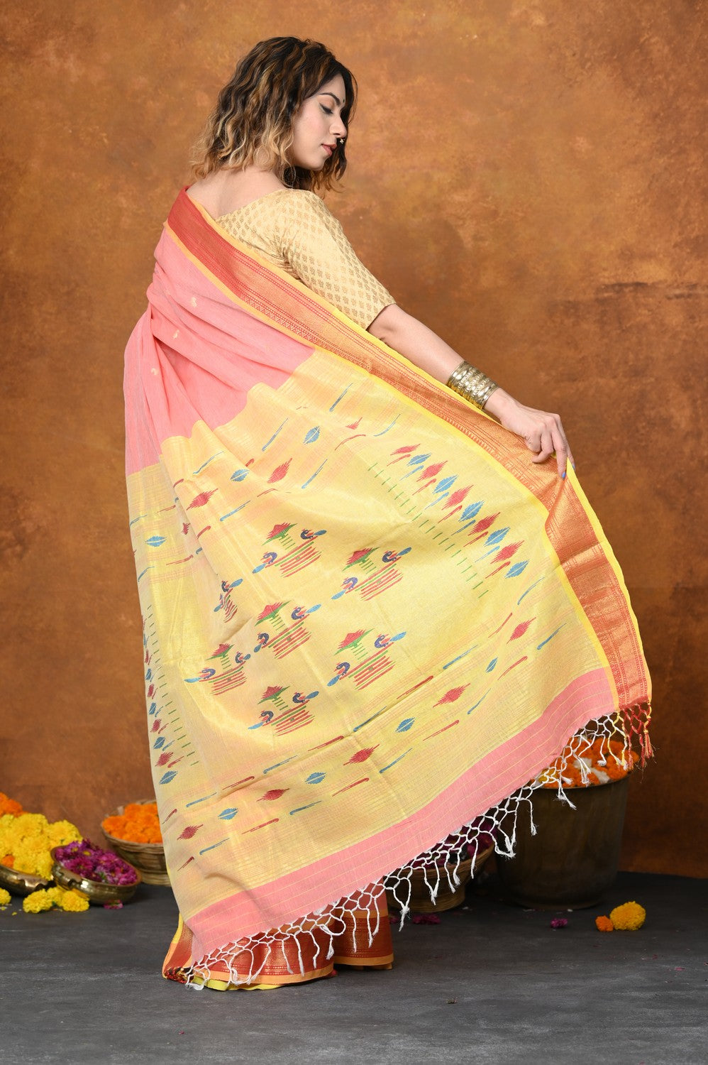 Buy French Pink Color Pure Gadwal Silk Saree At IndyVogue