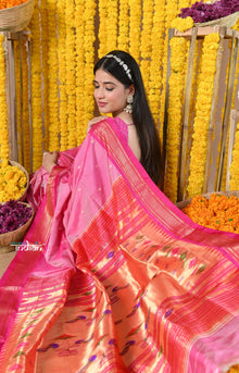  Rajsi~Handloom High Quality Pure SIlk Paithani With Most Traditional Double Pallu~ Feroze Pink (By Govt Certified Weavers)