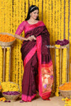 Rajsi~Designed By VMI Premium~ Handloom Pure Silk Muniya With Lotus and Rajhans Pallu in Wine