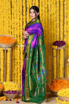 Rajsi~ Handloom Pure Silk Maharani Paithani With Handcrafted Maharani Pallu~ Purple Green(Available in Floral Buttis)