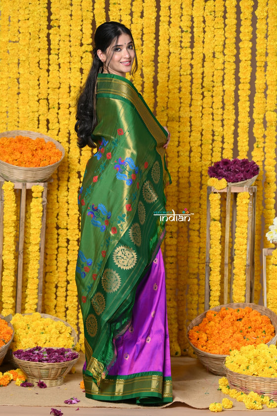 Rajsi~ Handloom Pure Silk Maharani Paithani With Handcrafted Maharani Pallu~ Purple Green(Available in Floral Buttis)