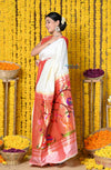 Rajsi~ Handloom Pure Silk Muniya Border Saree WIth Handcrafted Peacock Pallu in white