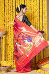 Rajsi~ Handloom Pure Silk Muniya Border Saree WIth Handcrafted Peacock Pallu in Cyan Green