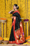 Rajsi~ Handloom Pure Silk Paithani Muniya Border Saree WIth Handcrafted Parrot Pallu in Black