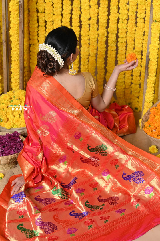 Rajsi~ Handloom Pure Silk Paithani Saree with Peacock Buttis and Handcrafted Peacock Pallu in Peach
