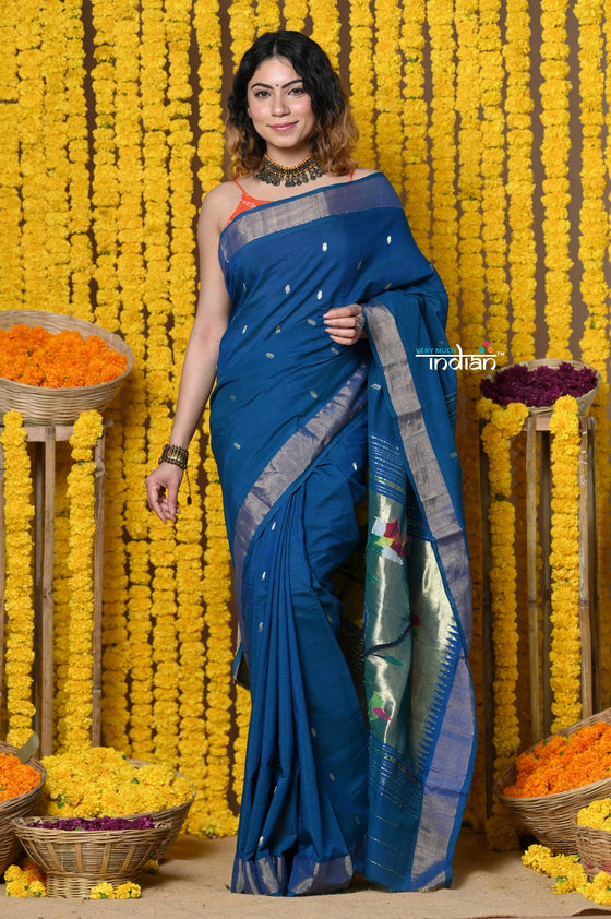 Handloom Pure Cotton Paithani With Peacock Pallu~Teal Blue