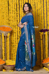 Handloom Pure Cotton Paithani With Peacock Pallu~Teal Blue