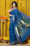 Buy Handloom Pure Cotton Paithani With Peacock Pallu~Teal Blue