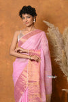 Mastaani ~ Handloom Pure Cotton Linen Saree With Golden Border - Pink