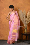 Mastaani ~ Handloom Pure Cotton Linen Saree With Golden Border - Pink