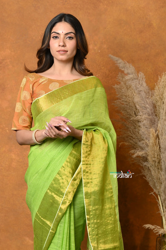 Mastaani ~ Handloom Pure Cotton Linen Saree With Golden Border - Green