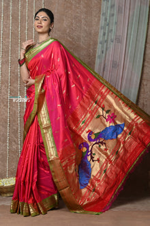  Tyohaar ~ Handloom Pure Silk Paithani Saree with Handcrafted Peacock Pallu ~ Peach Pink
