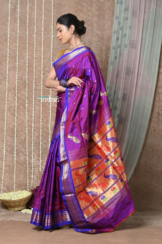 Tyohaar ~ Handloom Pure Silk Maharani Paithani Saree with Handcrafted Peacock Lotus Pallu ~ Dual Tone Pink Purple