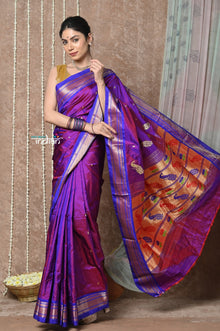  Tyohaar ~ Handloom Pure Silk Maharani Paithani Saree with Handcrafted Peacock Lotus Pallu ~ Dual Tone Pink Purple