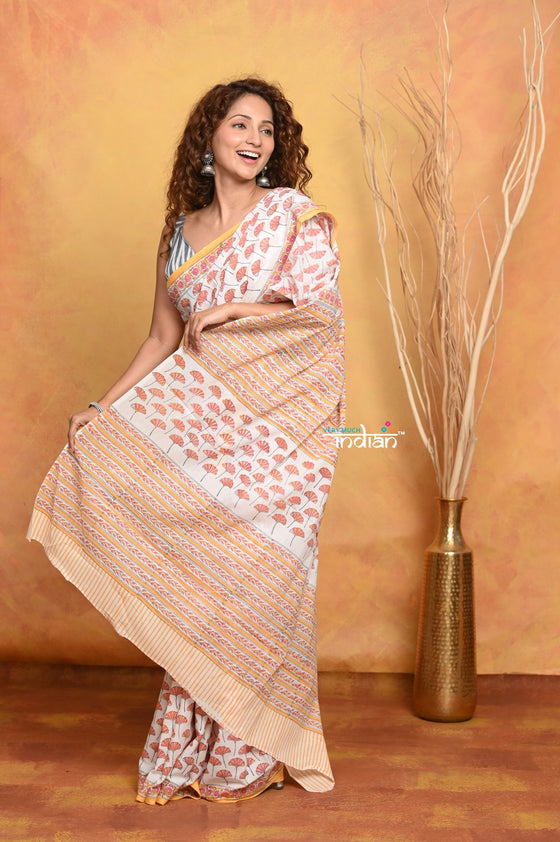 Mastaani ~ Handblock Printed Cotton Saree With Natural Dyes - White Peach