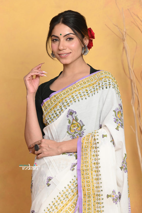 Mastaani ~ Handblock Printed Cotton Saree With Natural Dyes - White