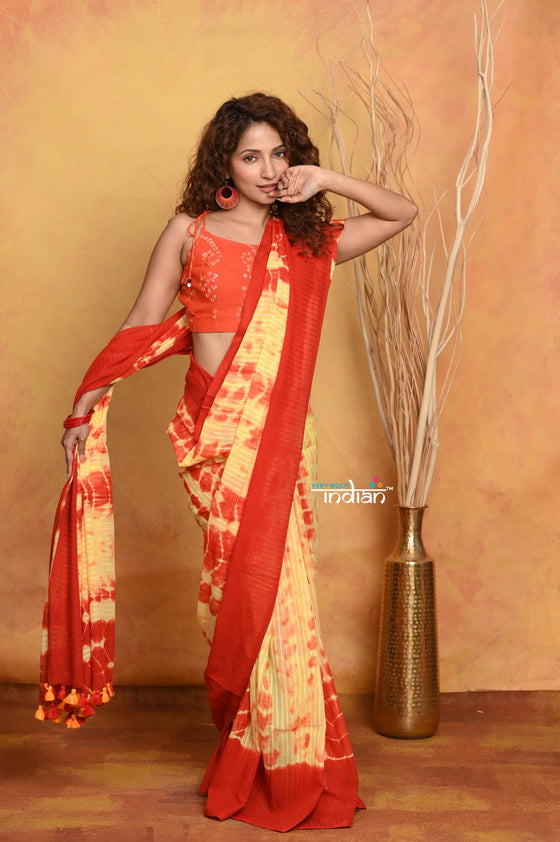 Mastaani ~ Tie & Dye Handloom Mul Cotton Saree - Orange