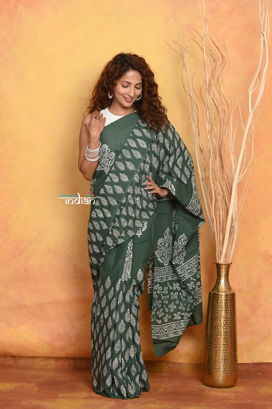 Mastaani ~ Handblock Printed Cotton Saree With Natural Dyes - Green