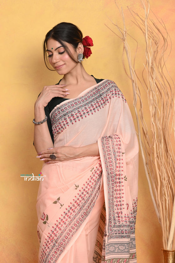 Mastaani ~ Handblock Printed Cotton Saree With Natural Dyes - Peach