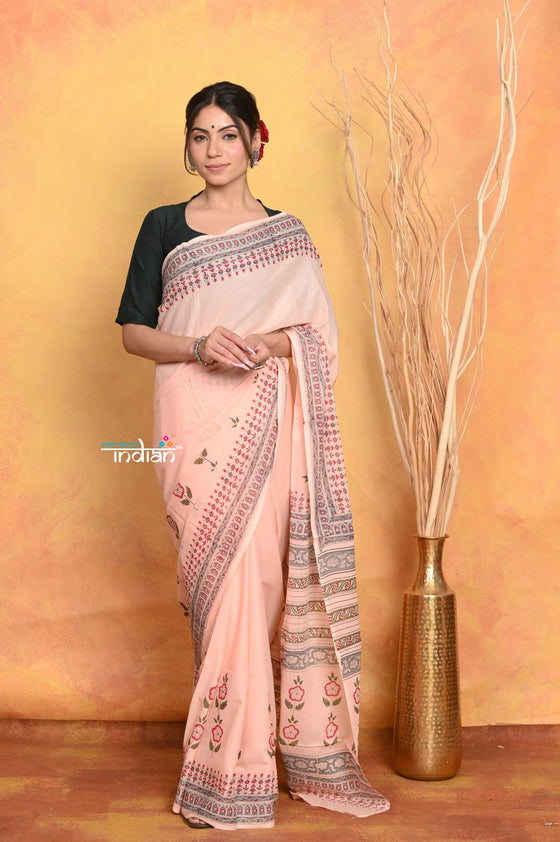 Mastaani ~ Handblock Printed Cotton Saree With Natural Dyes - Peach