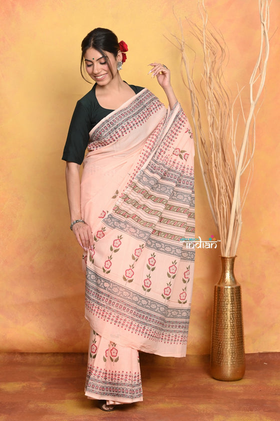 Mastaani ~ Handblock Printed Cotton Saree With Natural Dyes - Peach