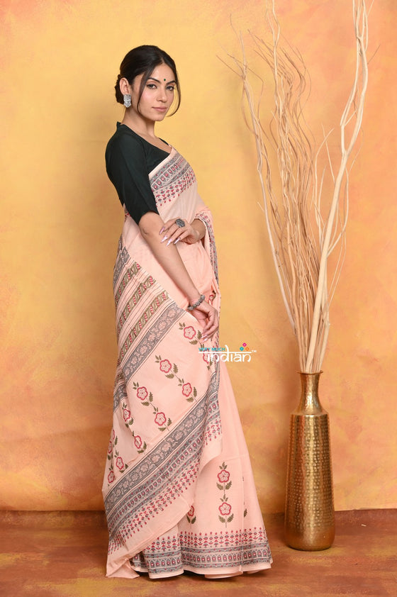 Mastaani ~ Handblock Printed Cotton Saree With Natural Dyes - Peach