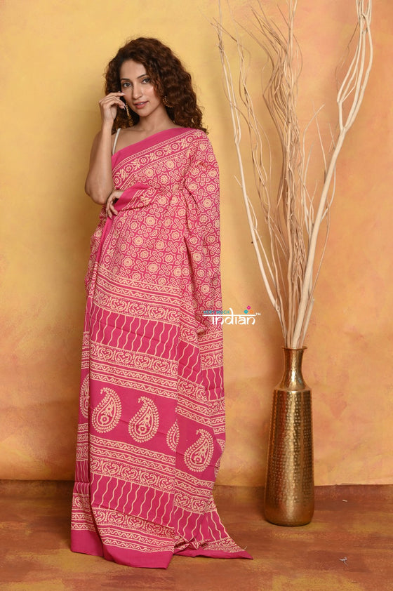 Mastaani ~ Pure Cotton - Natural Dyes Handblock Printed Saree - Pink