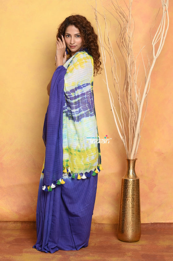 Mastaani ~ Tie & Dye Handloom Mul Cotton Saree - Blue Green