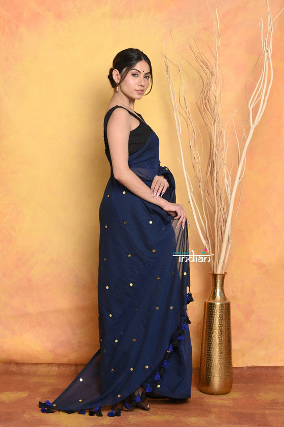 Pure Mul Cotton Handloom Saree - Dark Blue