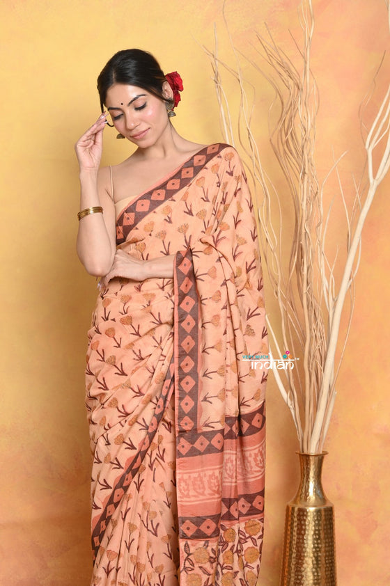 Mastaani ~ Designer Modal Silk Saree With With Beautiful Floral Print - Light Orange